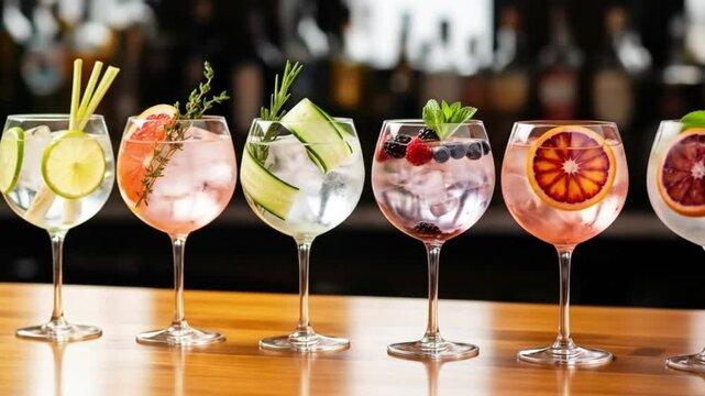 A row of five elegant gin and tonic cocktails, each garnished with different fruits and herbs, sits on a wooden bar