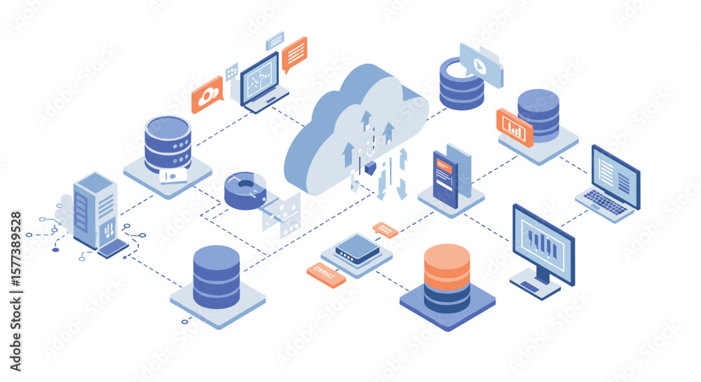 Poster isometric cloud computing network with connected devices and data storage solutions