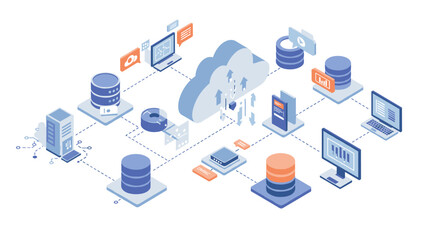 Obraz premium Isometric cloud computing network with connected devices and data storage solutions