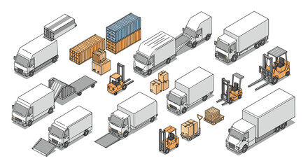 Isometric cargo trucks and forklifts with shipping containers and boxes