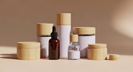 Elegant cosmetic product arrangement with sustainable packaging and natural light effects