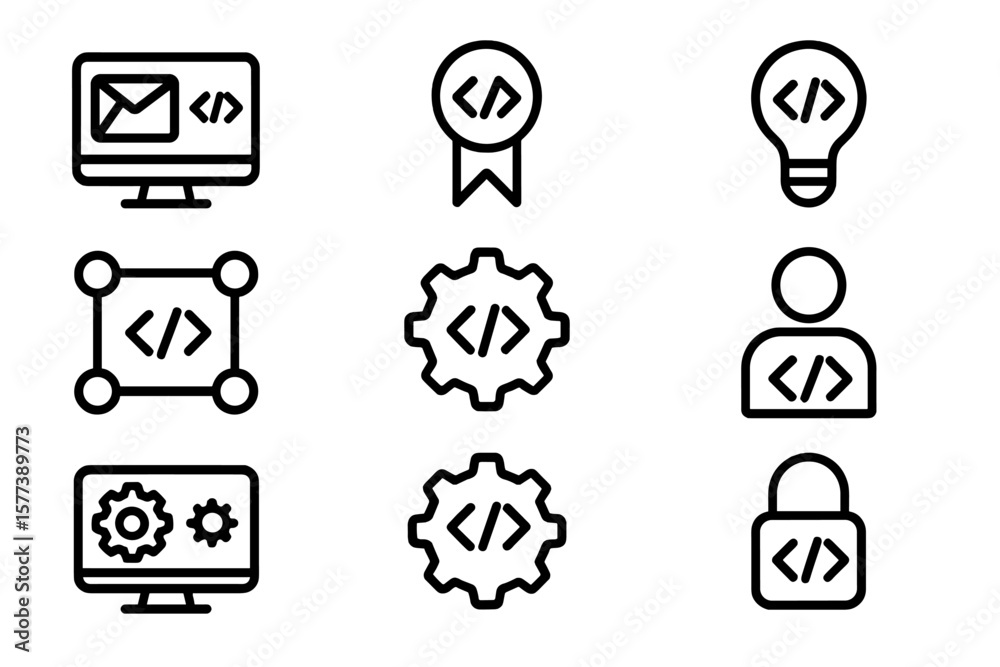 Fototapete Minimalistic coding icon set: technology, software, and innovation symbols