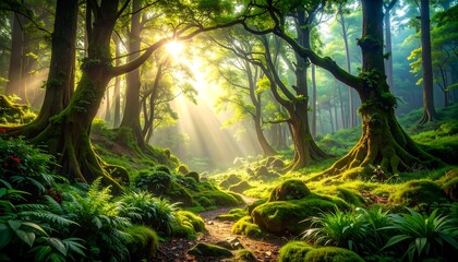 Lush, sunlit forest path