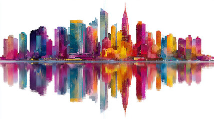 Abstract city skyline bursts with vibrant colors reflecting its modern beauty on the water's surface.