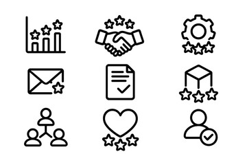 Business icons set: handshake, chart, gear, envelope, people, document, heart, box
