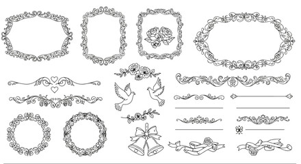 Elegant outline floral frames and decorative elements collection for invitations