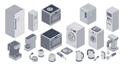 Isometric home appliances collection featuring kitchen and laundry devices