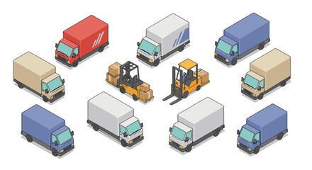 Isometric delivery trucks and forklift with boxes in various colors