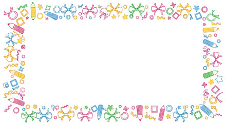 Colorful doodle border with pencils and ribbons for creative projects