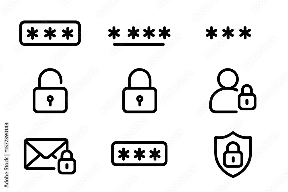 Poster minimalist security icons featuring passwords and locked elements on gradient background