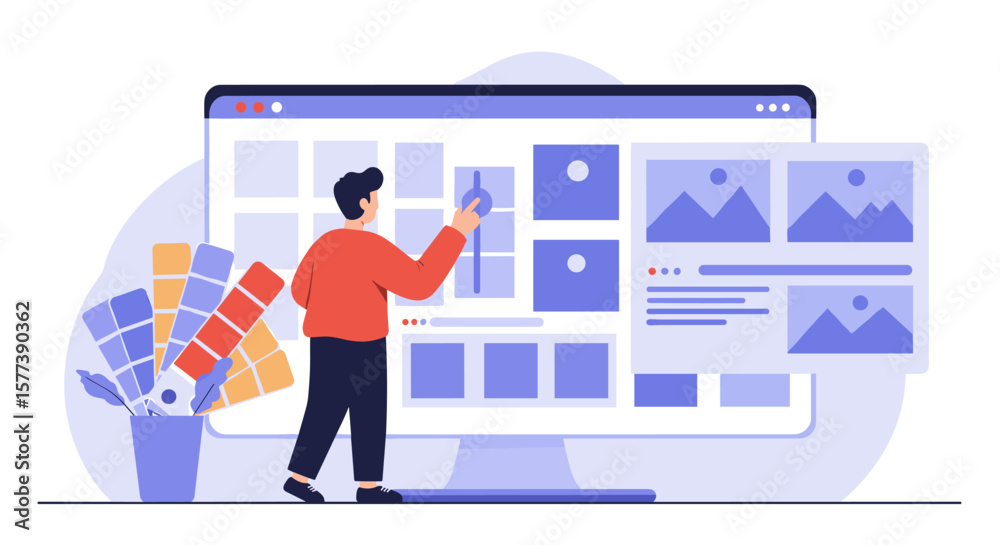 Poster graphic designer creating web layout with color palette and digital tools