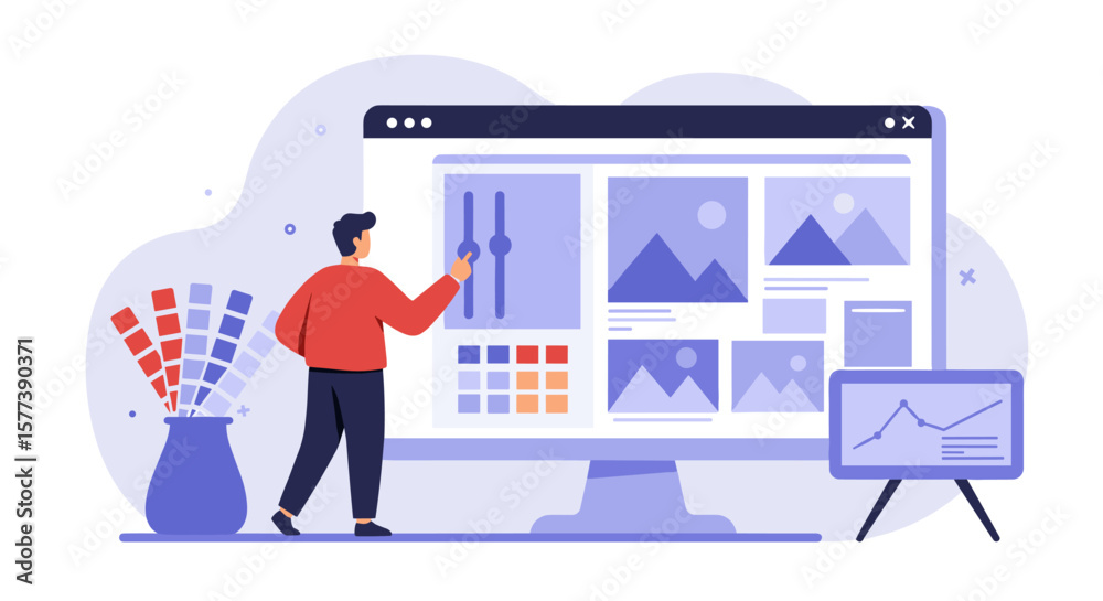 Poster design software interface with man adjusting settings on desktop