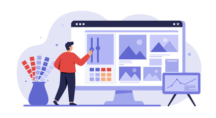Design software interface with man adjusting settings on desktop