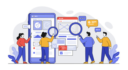 Collaborative teamwork in mobile app design with illustrative elements