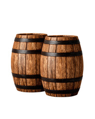 Fototapeta premium Isolated transparent png A pair of wooden barrels Two wooden barrels with a rustic design and metallic bands.