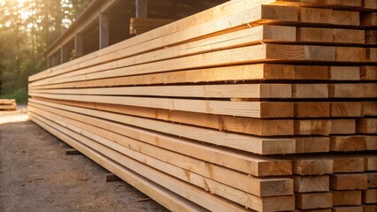 Fototapeta premium A substantial stack of freshly milled, light-colored timber beams and planks, neatly organized in an outdoor lumberyard under natural sunlight. This image represents the raw materials of construction