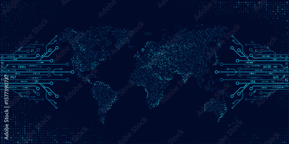 Poster digital world map of glowing dots or pixels. futuristic blue circuits connecting across continents. 