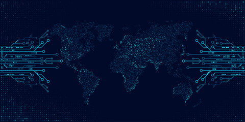 Digital world map of glowing dots or pixels. Futuristic blue circuits connecting across continents. Global connectivity with big data. Design for UI backgrounds or FinTech projects. Vector.