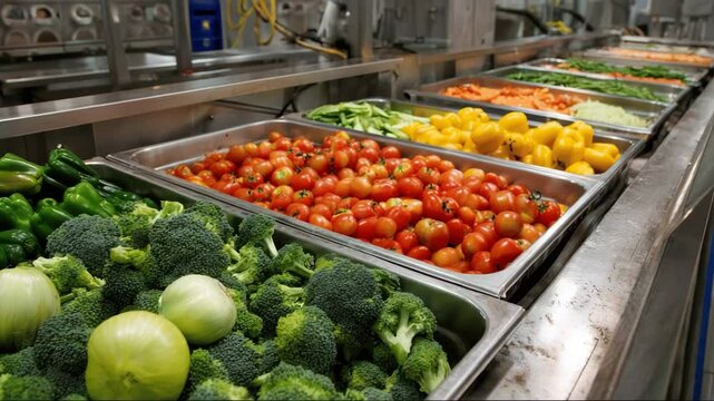Fresh vegetables arranged in trays at a food preparation area  