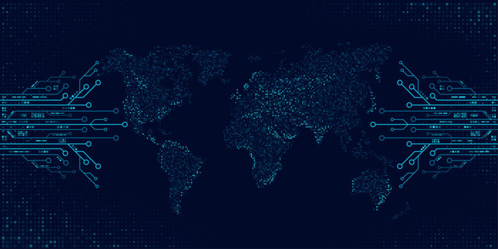 Digital world map of glowing dots or pixels. Futuristic blue circuits connecting across continents. Global connectivity with big data. Design for UI backgrounds or FinTech projects. Vector.