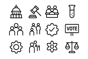 Political and legal icons set featuring scales, gavel, and voting symbols in line art style