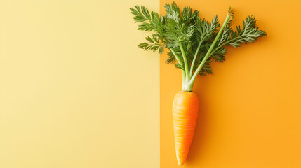 A fresh raw carrot with green leafy top arranged on a vibrant dual tone background of yellow and orange in top view