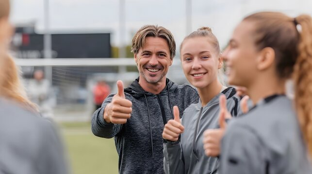 Coach and female soccer players giving thumbs up on the field with positive expressions and smiles on their faces