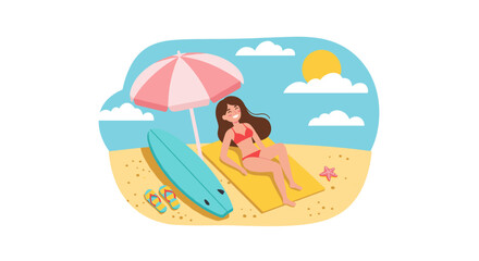Summer beach relaxation with woman sunbathing under umbrella