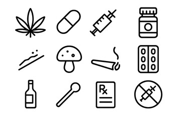 Dark themed drug icon set featuring substances and paraphernalia symbols