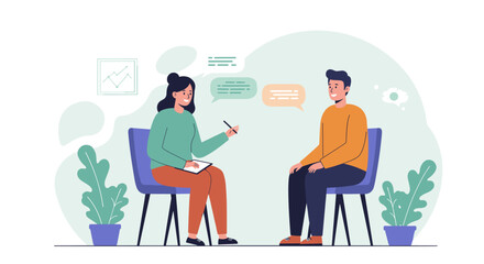 Counseling session with two people having a conversation in a modern office setting