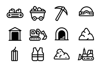 Mining industry icons: essential tools and equipment in simple line art