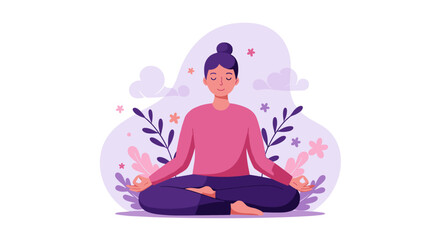 Peaceful meditation woman in pastel floral setting for mindfulness and calm