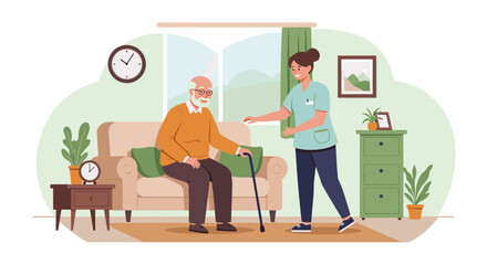 Home care assistance: nurse helping elderly man in cozy living room