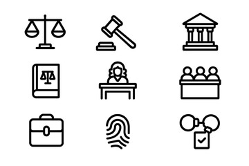 Fototapeta premium Legal icons set: justice, crime, and court symbols in simple black style
