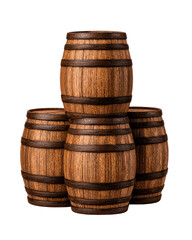 Isolated transparent png A pair of wooden barrels Four stacked wooden barrels with metal bands.