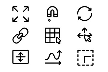 Set of linear icon collection featuring arrows, magnet, and grid