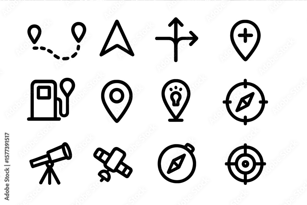 Poster navigation icons set: modern linear symbols with map, compass, and location elements