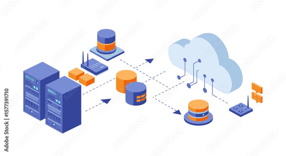 Poster cloud computing network diagram with servers and data storage in isometric design