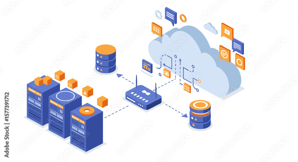 Poster cloud computing network with server and data storage isometric design