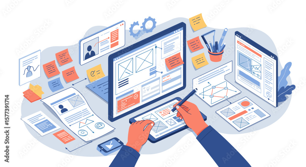 Aufkleber designing a responsive website in isometric view with creative interface elements