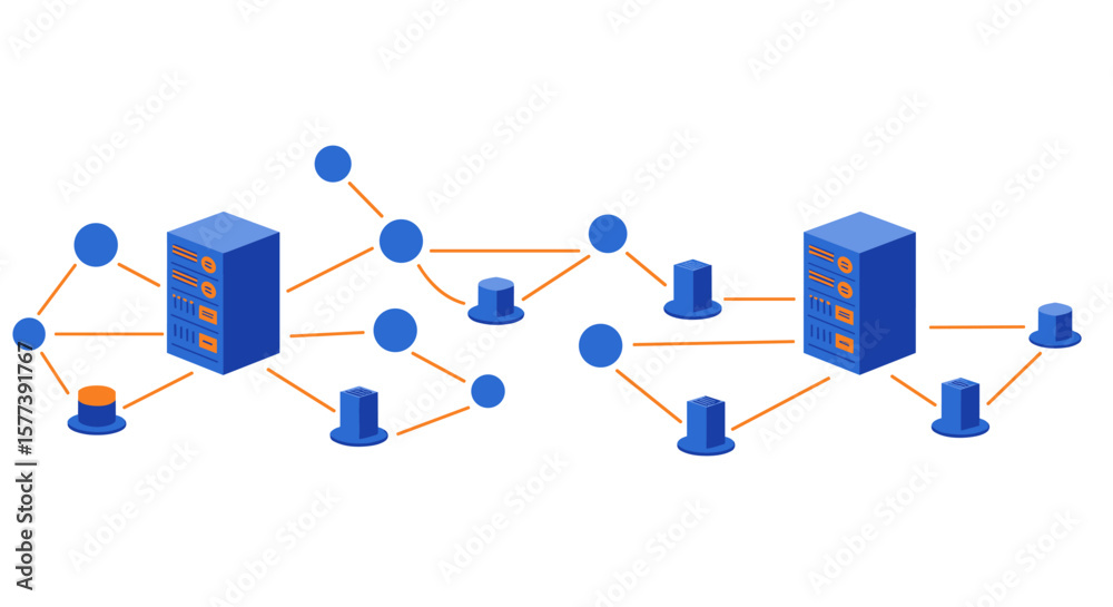 Poster isometric blockchain technology network with server nodes and data connections