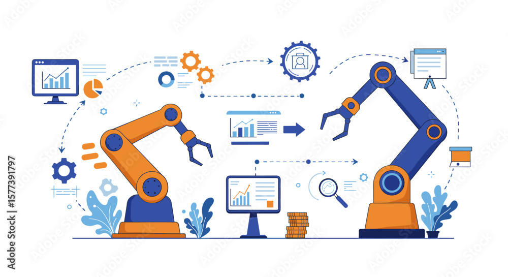 Poster automated manufacturing process with robotic arms and data analysis elements