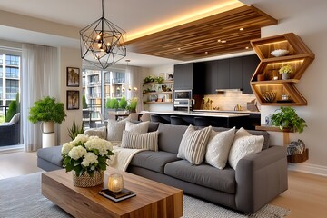 Contemporary living space with wooden elements high resolution photo
