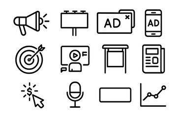 Linear advertising icons: digital marketing, media, and communication symbols