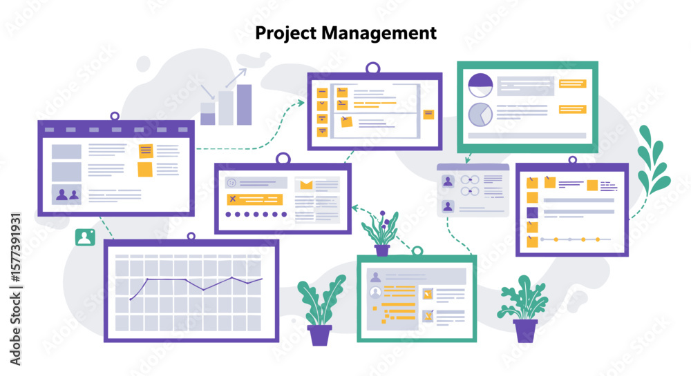 Poster efficient project management framework diagram with digital interface elements