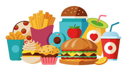 Vector art of a colorful assortment of fast food items including burgers, fries, soda, pizza, and cupcakes isolated on white background