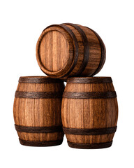 Obraz premium Isolated transparent png A pair of wooden barrels Three stacked wooden barrels with metal bands.