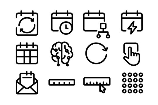 Set of calendar icons in linear style featuring schedules and technology elements