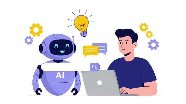 A man and an ai robot collaborate on a laptop, illustrating the future of technology and digital innovation