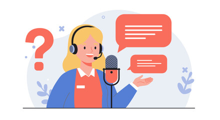 Customer support icon with smiling woman, headset, microphone, speech bubbles, flat design